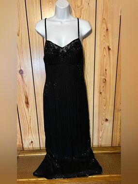 A J Bari Silk Evening Long Black Dress Cocktail Beads Back Slit Sleeveless Sz 10
